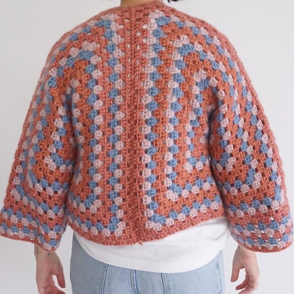 Handmade Crochet Granny Square Cardigan Dusty Rose & Blue Balletcore Sweater S - Picture 3 of 11